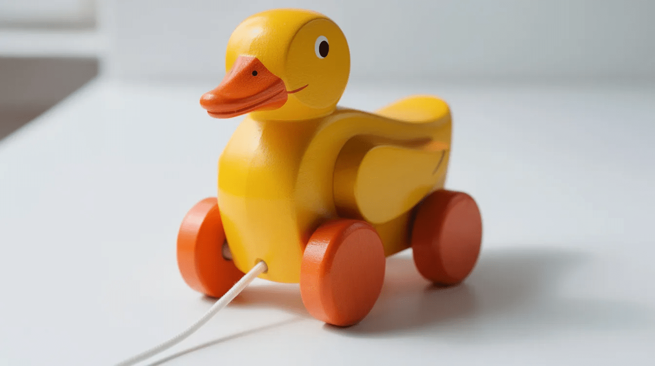 b7e609c9-d84e-421b-b6a5-73d22f6331c6 A close-up photograph features a brightly painted wooden pull-along duck toy with orange wheels resting on a white surface. The cute duck, designed for toddlers, showcases a smooth body and a slight taper towards its tail, making it an engaging toy that encourages movement and gross motor skills through play.