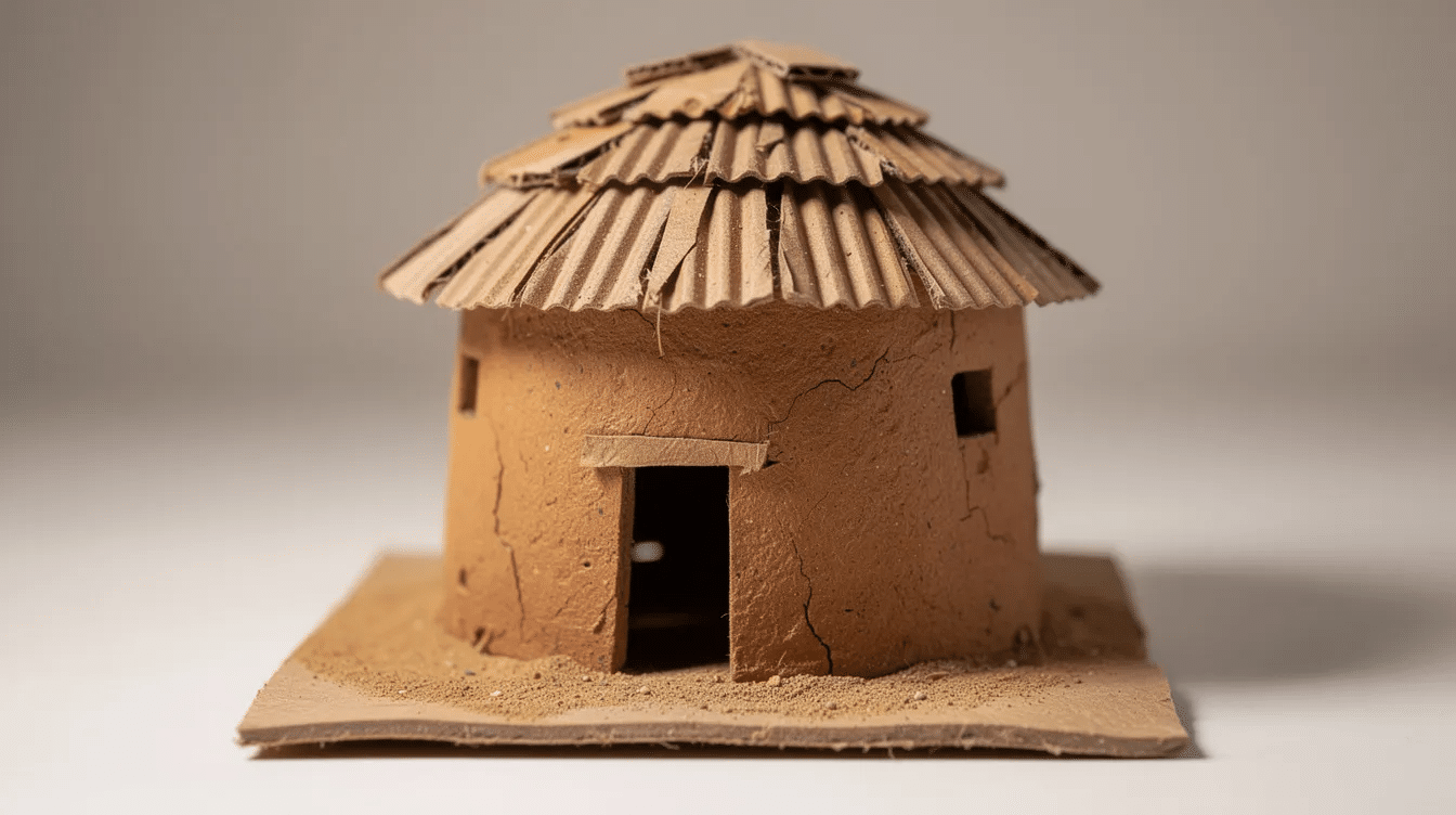 b8ad8629-9ceb-41be-a9c7-9f68fe8546ab The image features a miniature cardboard model of an African mud hut, showcasing its round shape and mud walls, which are inspired by traditional architecture found across the African continent. The structure includes a thatched roof and a small door, reflecting the use of local materials and the creative ideas that symbolize the homesteads of various African countries.