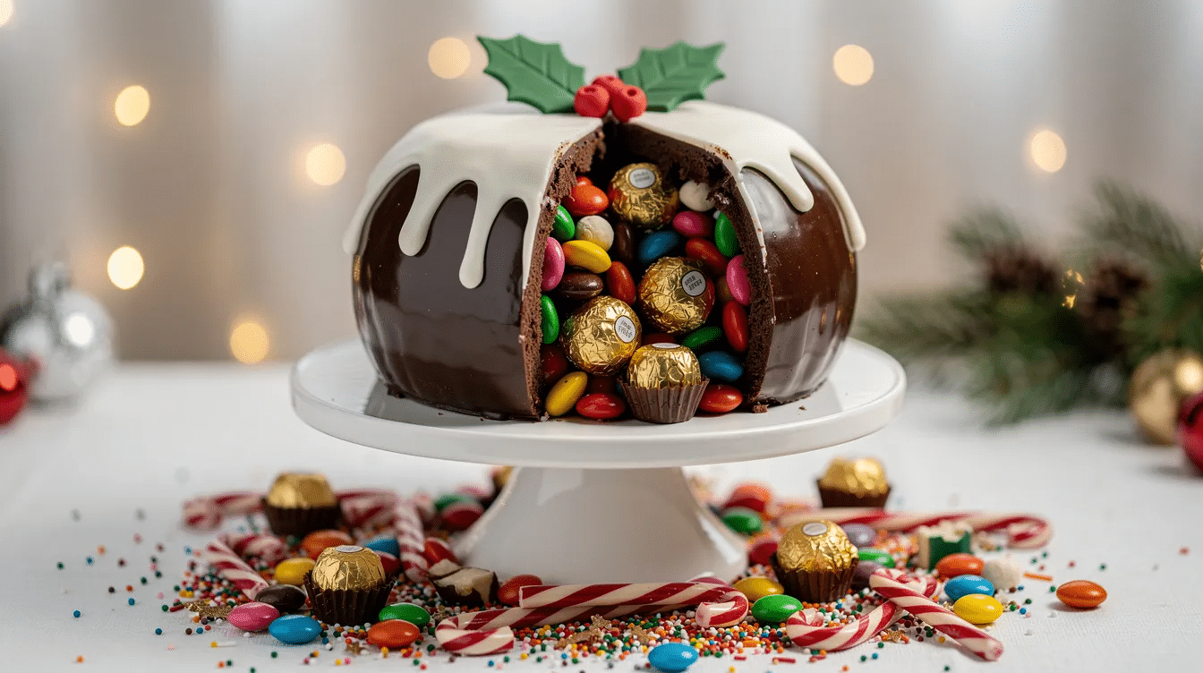 b8b3aaed-095c-470f-a247-743a4ee1e976 The image features a beautifully decorated Christmas pudding piñata cake, showcasing multiple cake layers with a rich frosting on the outside. The top of the cake is adorned with green fondant and a festive design, while the inside is filled with colorful candies, hinting at the fun surprise awaiting when cut with a sharp knife.