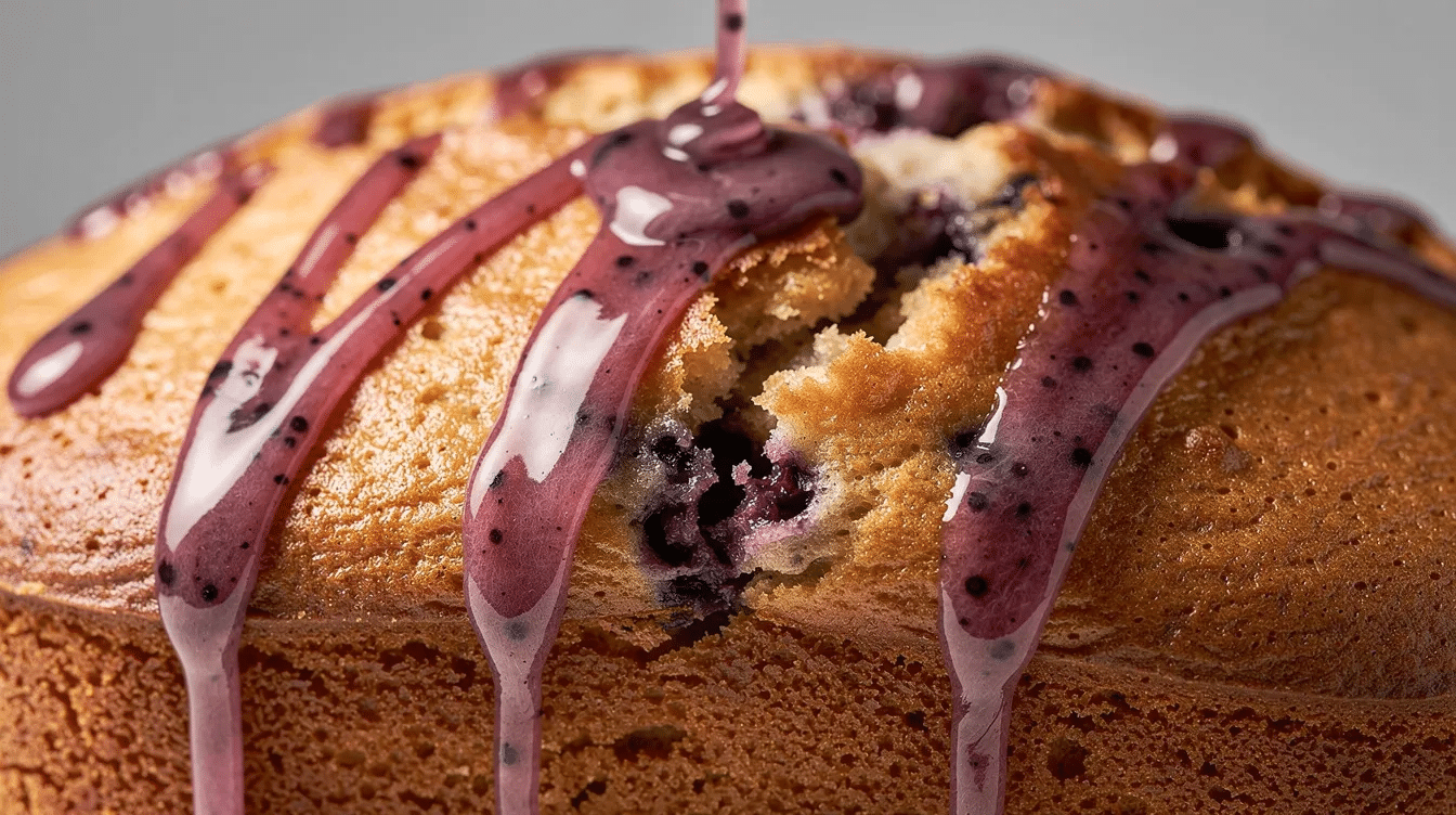 b8d2ed02-195b-45ac-b66b-b07b39247437 A close-up view captures a vibrant purple-tinted lemon blueberry drizzle being artistically poured in zigzag lines over a golden loaf cake, highlighting the delicious combination of tangy lemon and juicy blueberries. The drizzle adds a glossy finish, enhancing the appeal of this moist lemon blueberry loaf cake.
