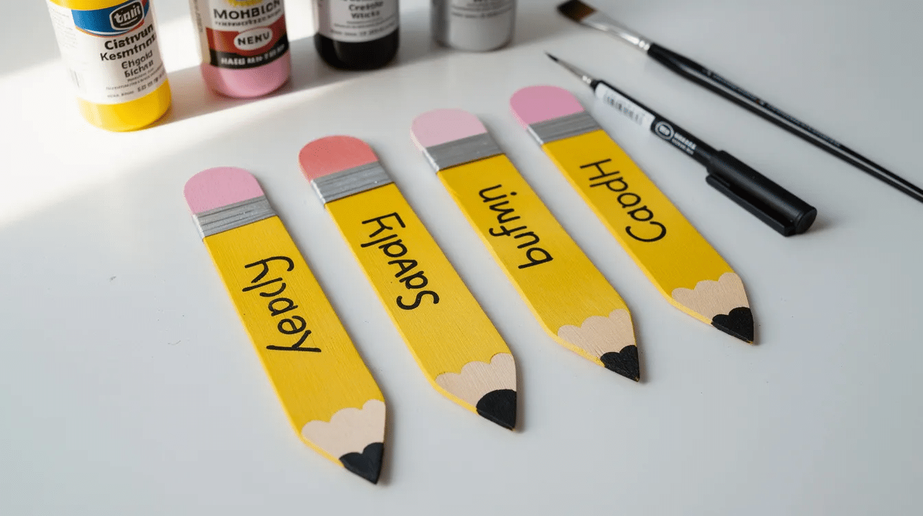 bb13705a-90f9-467d-b0e5-32035122adef The image features colorful craft stick pencil bookmarks, painted yellow with a pink eraser and a black triangular tip, personalized with a child's name along the side. These creative school crafts are perfect for back to school season, offering a fun and functional way for students to mark their pages.