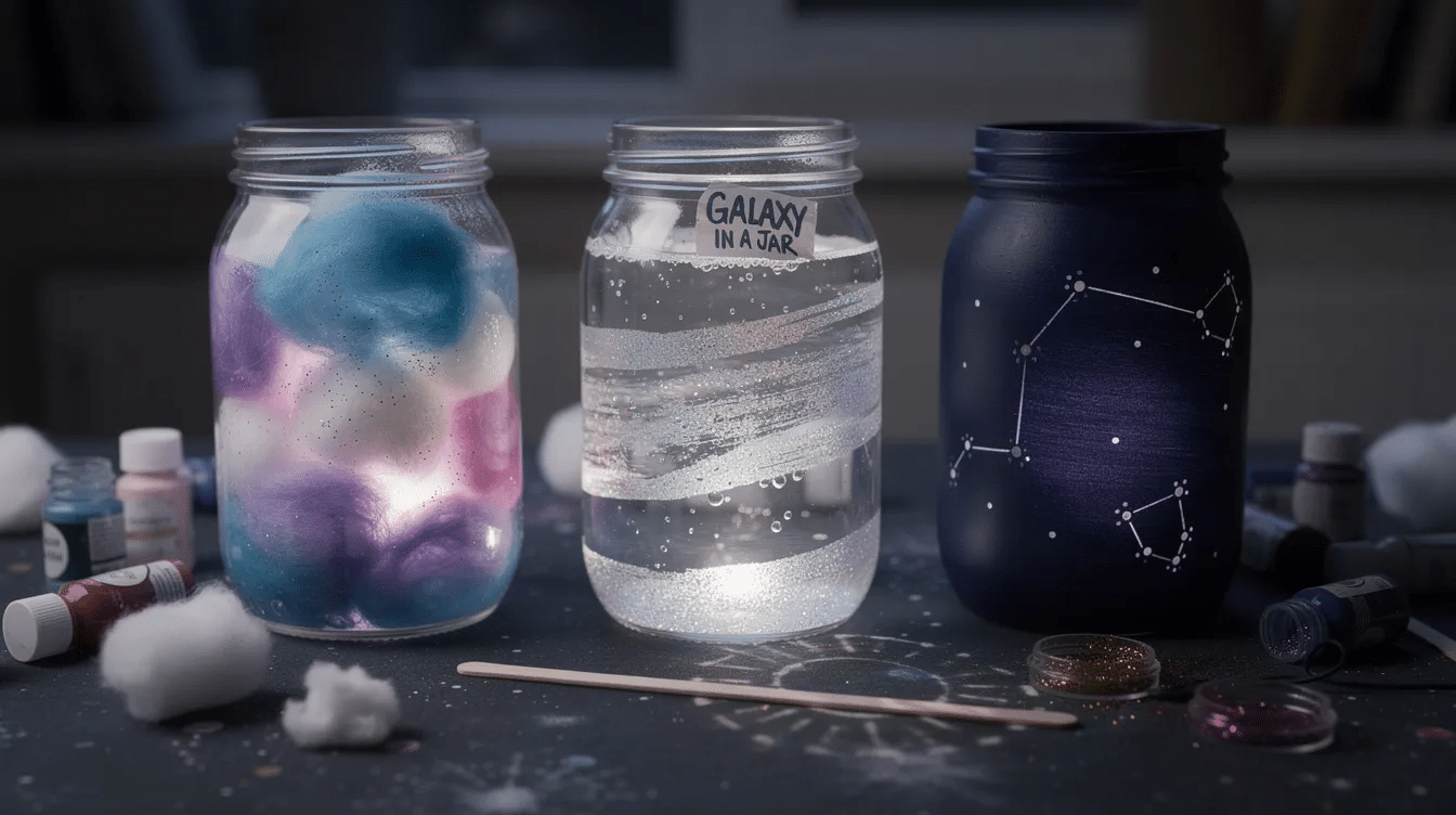 bbacff40-4ccf-4875-81fc-3b77e6c3fe81 The image depicts a beautifully crafted galaxy jar, showcasing swirling layers of cotton balls, glitter, and paint that mimic the night sky and the Milky Way. This space craft project invites kids to explore their creativity as they create their own glowing representation of outer space, complete with stars and celestial objects.