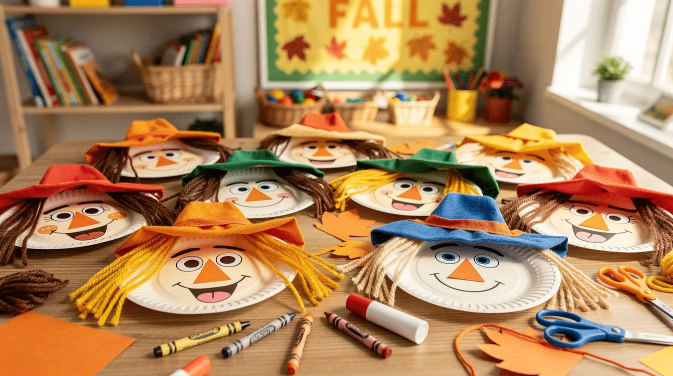bc1ab3ed-2140-4460-bf5f-f8073f5a8c91 The image features colorful paper plate scarecrow faces, adorned with yarn for hair, fabric scraps for hats, and orange construction paper noses, showcasing a fun fall craft for kids. These charming characters highlight creative fall crafts that encourage fine motor skills and imaginative play.