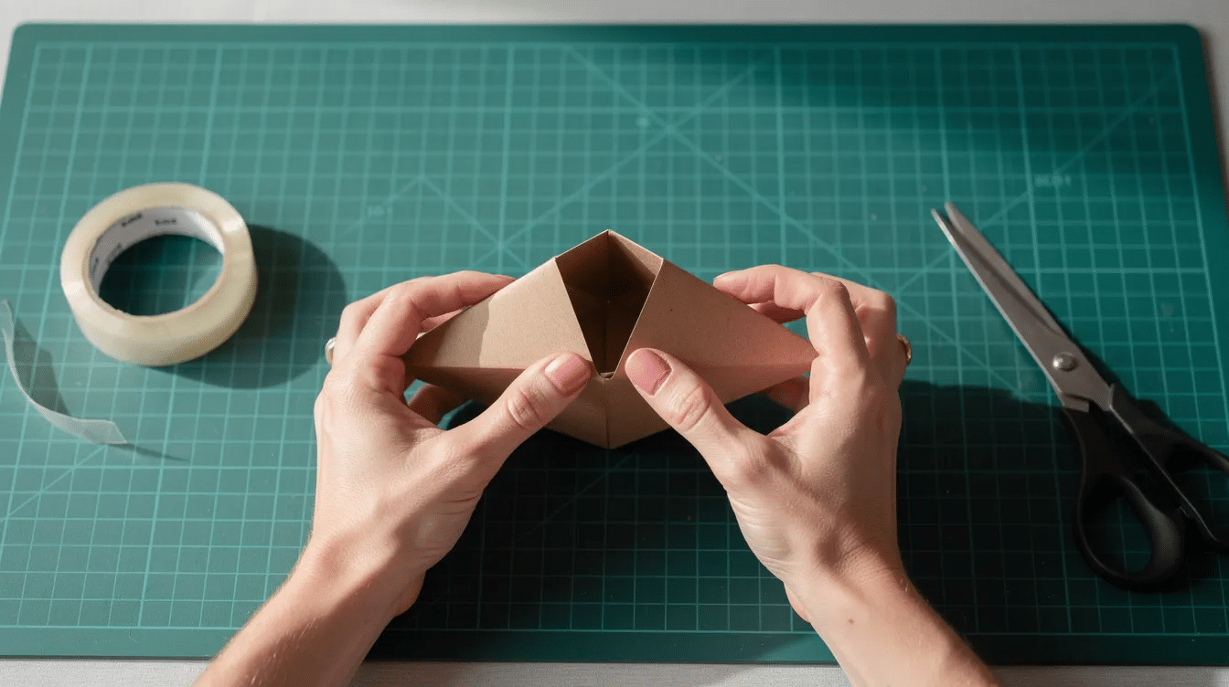 bcaa445d-7210-4beb-8d90-8ce7bac2405a Two hands are pressing the corners of a brown cardboard box inward to create a pointed shape resembling a viking longship. Nearby, tape and scissors rest on a craft mat, ready for the next steps in this DIY viking ship craft project.