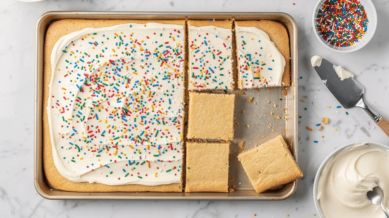 bcb69f88-af4d-48c9-aa10-134aa91ce213 The image features pressed sugar cookie bars in a pan, topped with a smooth layer of simple frosting and colorful sprinkles, showcasing a festive treat perfect for last minute Christmas baking. These super easy cookie bars are ideal for holiday entertaining, requiring no chilling or rolling out, just press, bake, and decorate.