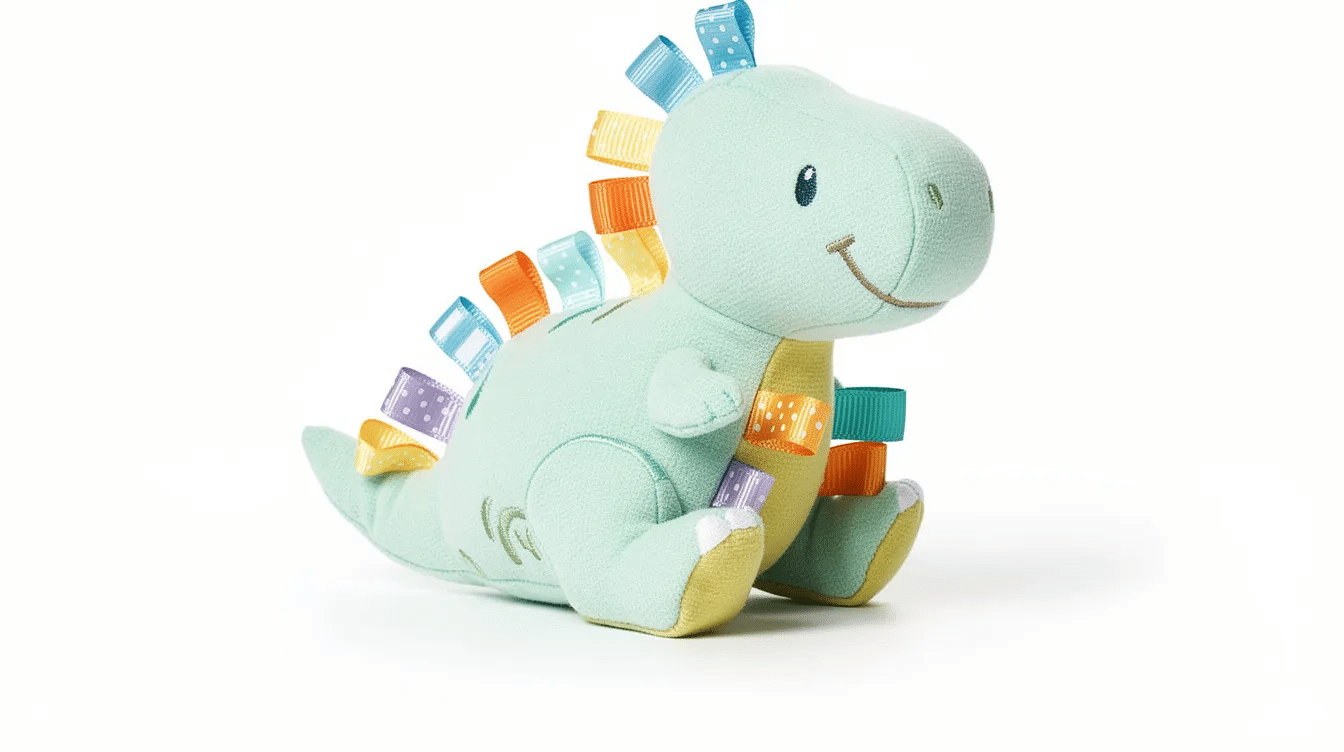 bd8f7ec1-815d-4e50-84e1-b5c94eebc34f The image features a cute dinky dinosaur tag toy, designed for kids and made from soft fabric. It is small and lightweight, perfect for play, but contains small parts that may pose a choking hazard for young children.