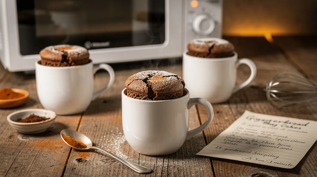 be77411d-d349-4b15-b37a-d194c8a65605 The image features individual gingerbread mug cakes, freshly prepared in the microwave, showcasing their warm, spiced texture topped with chocolate chips. These super easy, last minute Christmas treats are perfect for the holiday season, making them a delightful addition to any festive gathering.