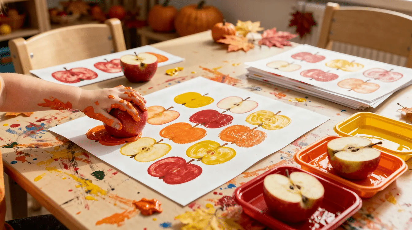 be8044f2-b5cf-428a-bb51-5603435d1d37 The image depicts a simple and engaging fall craft activity for kids, featuring an apple half dipped in vibrant red, orange, and yellow paint, ready to be pressed onto a sheet of white paper. This fun art project promotes fine motor skills and creativity, making it an ideal choice for autumn-themed crafts.