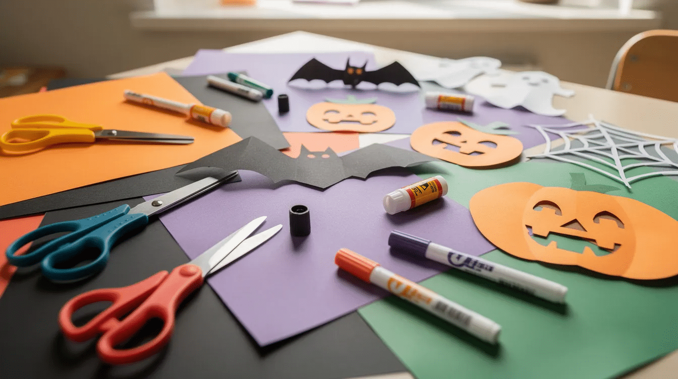 beb2b1e2-2ee8-4b7c-888f-c4ef8309250b The image shows a vibrant table filled with colorful construction paper sheets, scissors, glue sticks, and markers, surrounded by finished Halloween decorations like paper bats and pumpkins, perfect for easy paper Halloween crafts. This setup embodies the Halloween spirit, making it an ideal space for kids to unleash their creativity during the spooky season.
