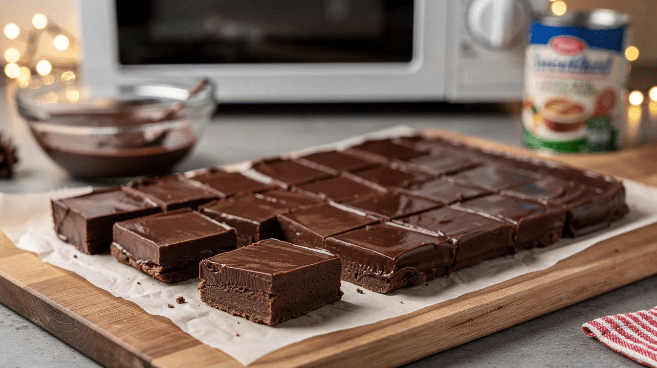 bf6d3546-f6a9-4c1e-a6e9-a6bc8d5972c2 The image features a plate of delicious microwave fudge squares, made with just a handful of chocolate chips and sweetened condensed milk, perfect for holiday baking. These indulgent treats are cut into neat squares and ready to be enjoyed, making them an ideal last-minute Christmas treat for family and friends.
