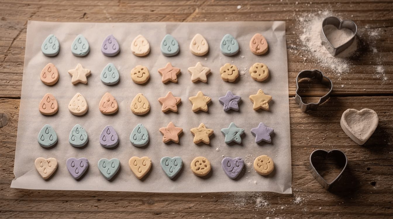 An assortment of small handmade air dry clay pieces in the shapes of raindrops, stars, and hearts is neatly arranged on parchment paper beside cookie cutters on a wooden table, showcasing the creative process of making a cloud mobile. The colorful clay shapes are ready for the drying process, inviting inspiration for future crafting projects.
