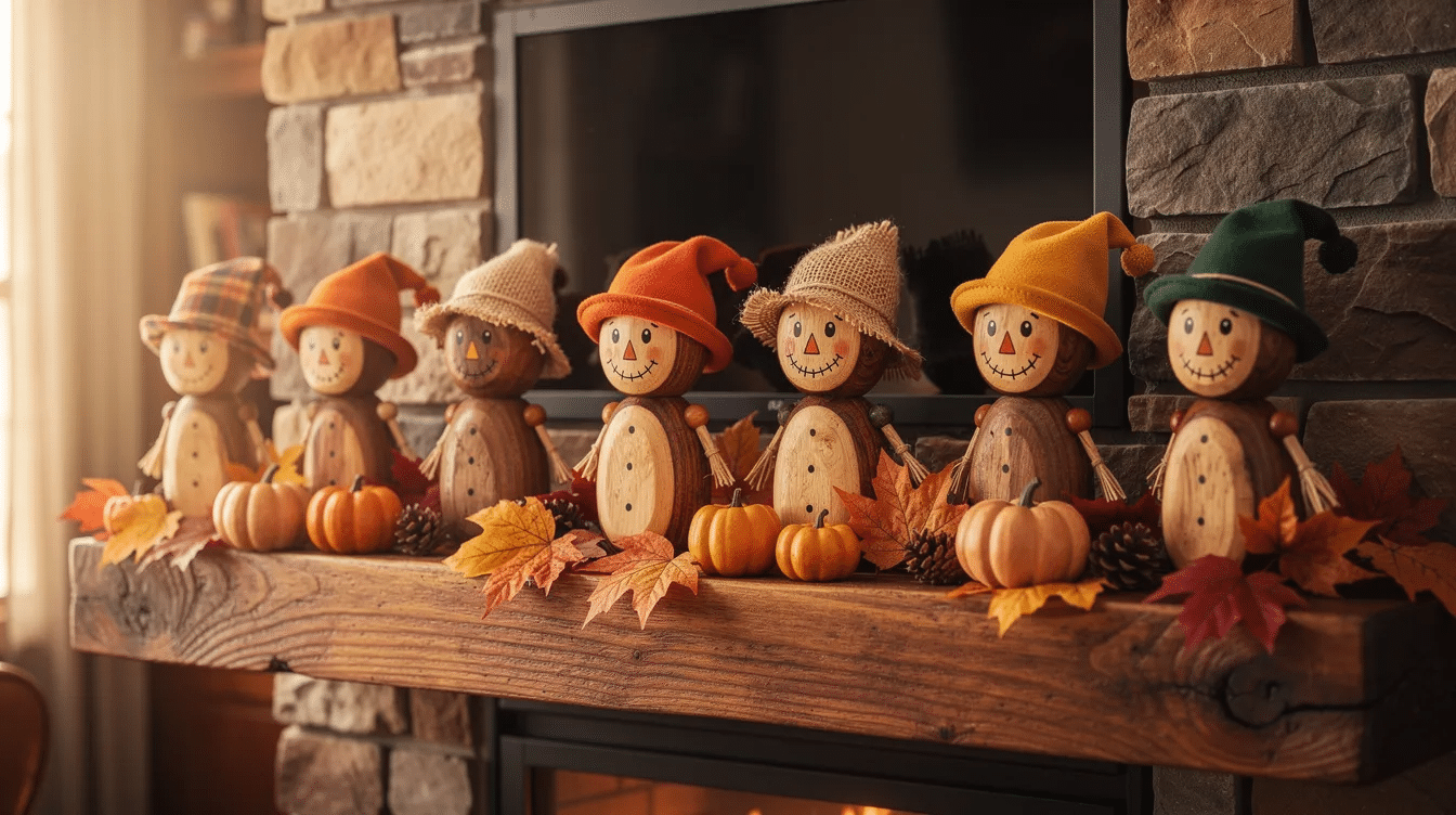 bfa82f66-35ce-42c0-af1b-7ca785abf32f A charming display of small handmade wooden scarecrow figures with painted faces and tiny fabric hats sits atop a fireplace mantel, surrounded by vibrant autumn leaves, embodying the spirit of fall decor and DIY wood projects. These adorable crafts are perfect for adding a touch of rustic charm to your home this season.