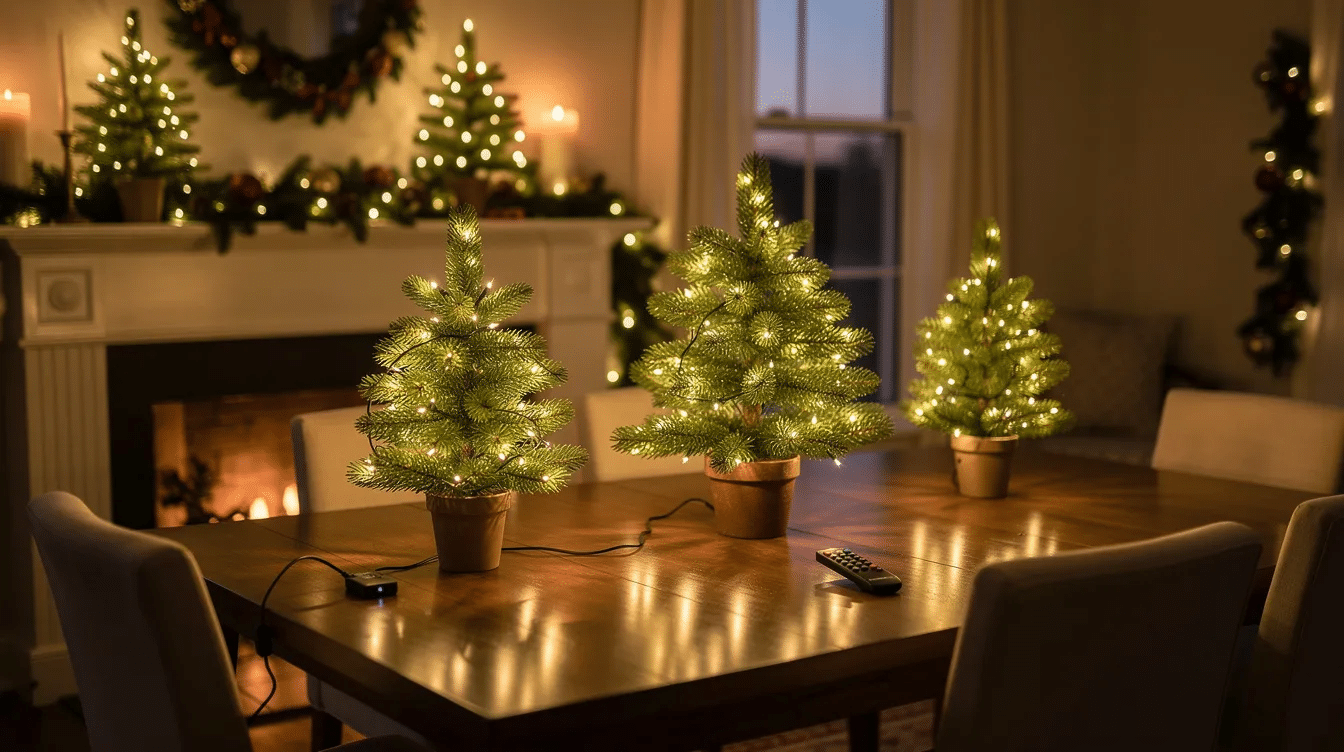 c0b9f908-746e-4527-964d-82b62198e08a The image features a beautifully decorated plug-in mini Christmas tree adorned with vibrant LED lights, set against a cozy home backdrop. This pre-lit tree, ideal for mantels or dining tables, showcases its even illumination and festive charm, making it a perfect choice for holiday displays.