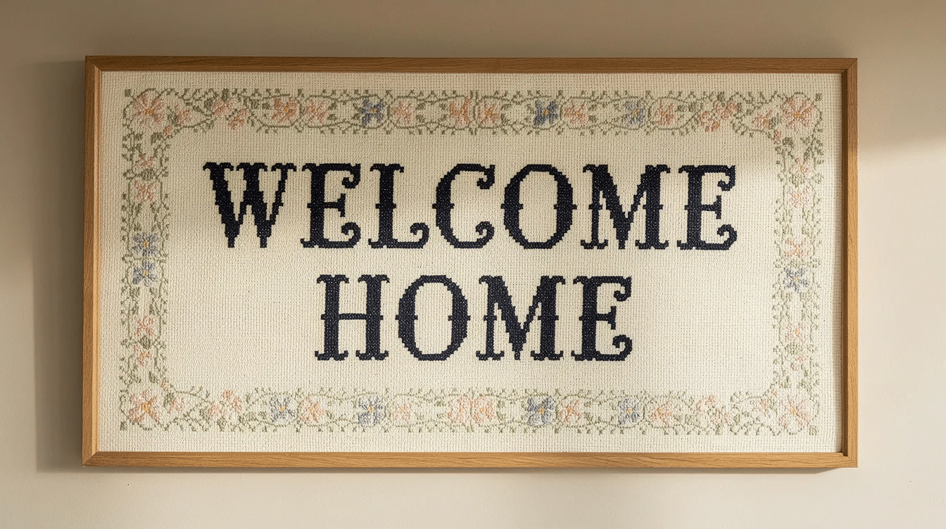 c1bcba1c-75a1-4051-a0c5-c475202f3377 The image features a giant cross stitch sign, showcasing a vibrant and intricate cross stitch pattern on fabric, with various colours and symbols that highlight the craft's artistry. Tools such as needles and threads are visible, emphasizing the detailed work involved in creating this large cross stitch project.