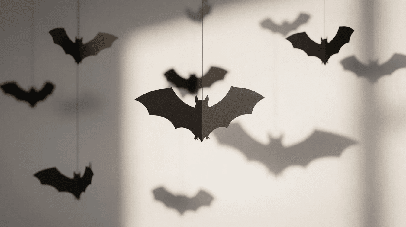 c2123eff-7290-49b5-bc98-5ea67c213312 A collection of black paper bats in various sizes hangs from thin strings against a light-colored wall, creating a festive atmosphere perfect for Halloween decorations. This easy paper Halloween craft adds a spooky touch to any space, making it ideal for Halloween parties and the holiday season.