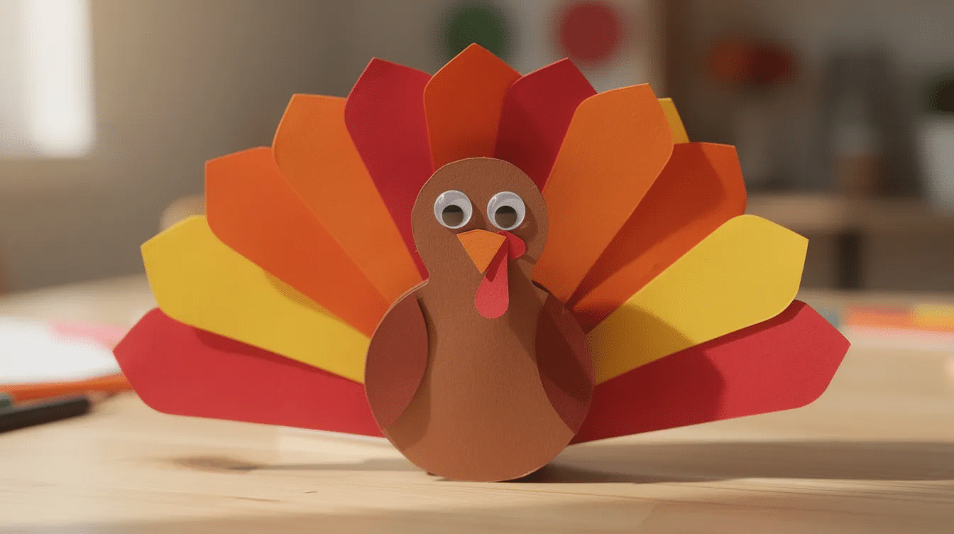 c2e3d836-c624-4d2d-b486-1acb8fb0b9c0-1 The image depicts a colorful paper turkey craft featuring fanned-out feathers made from vibrant construction paper in shades of red, orange, and yellow, showcasing a fun fall craft ideal for preschoolers. This delightful creation encourages fine motor skills and artistic expression, making it a wonderful way to celebrate the fall season.