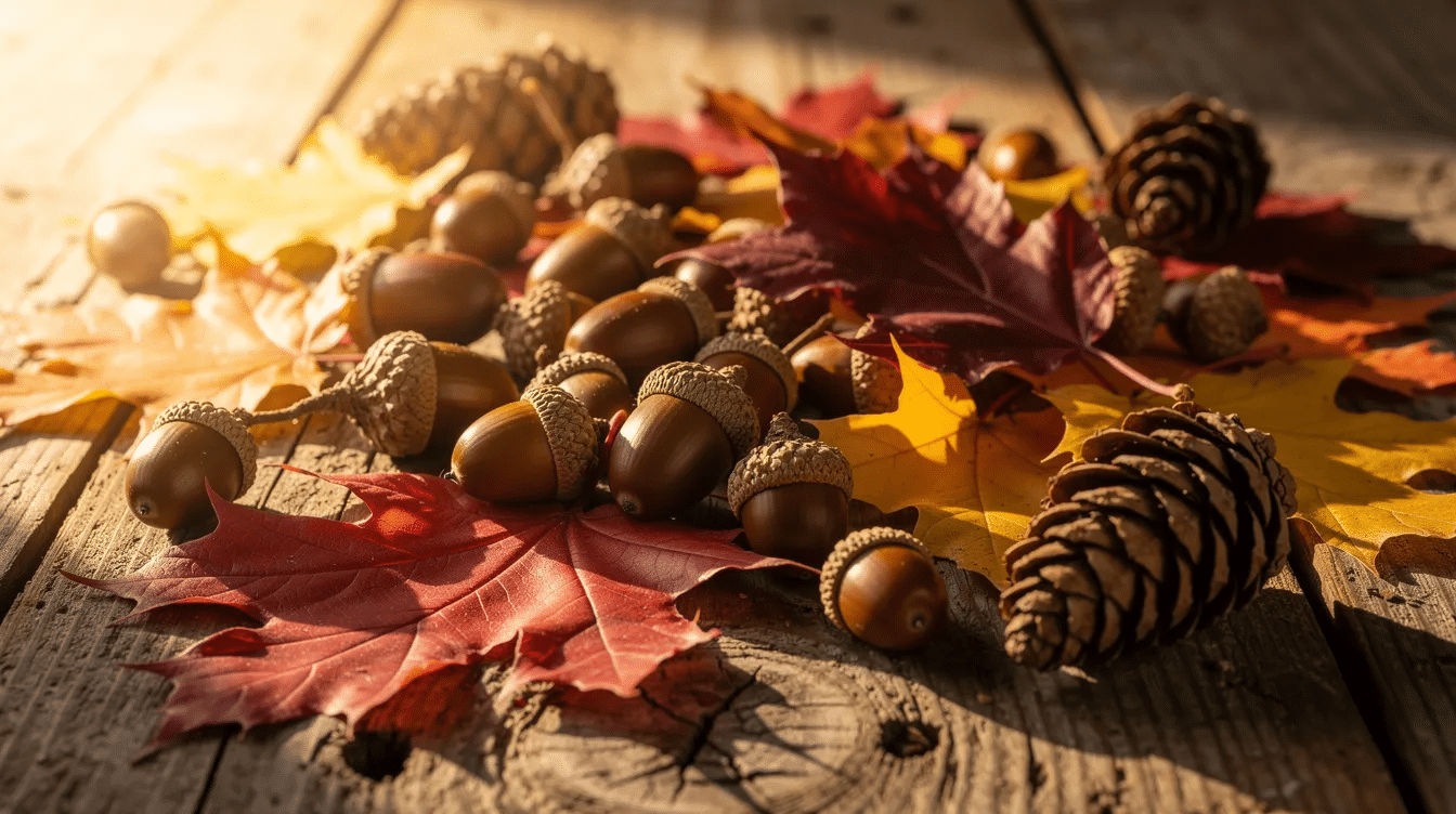 c3667a17-f207-4785-82cf-2fa75277e3b7 A rustic wooden table is adorned with a vibrant collection of colorful autumn leaves, acorns, and pinecones, creating a perfect setting for fun nature crafts. This arrangement showcases the beauty of the natural world and serves as inspiration for creative projects using natural materials.