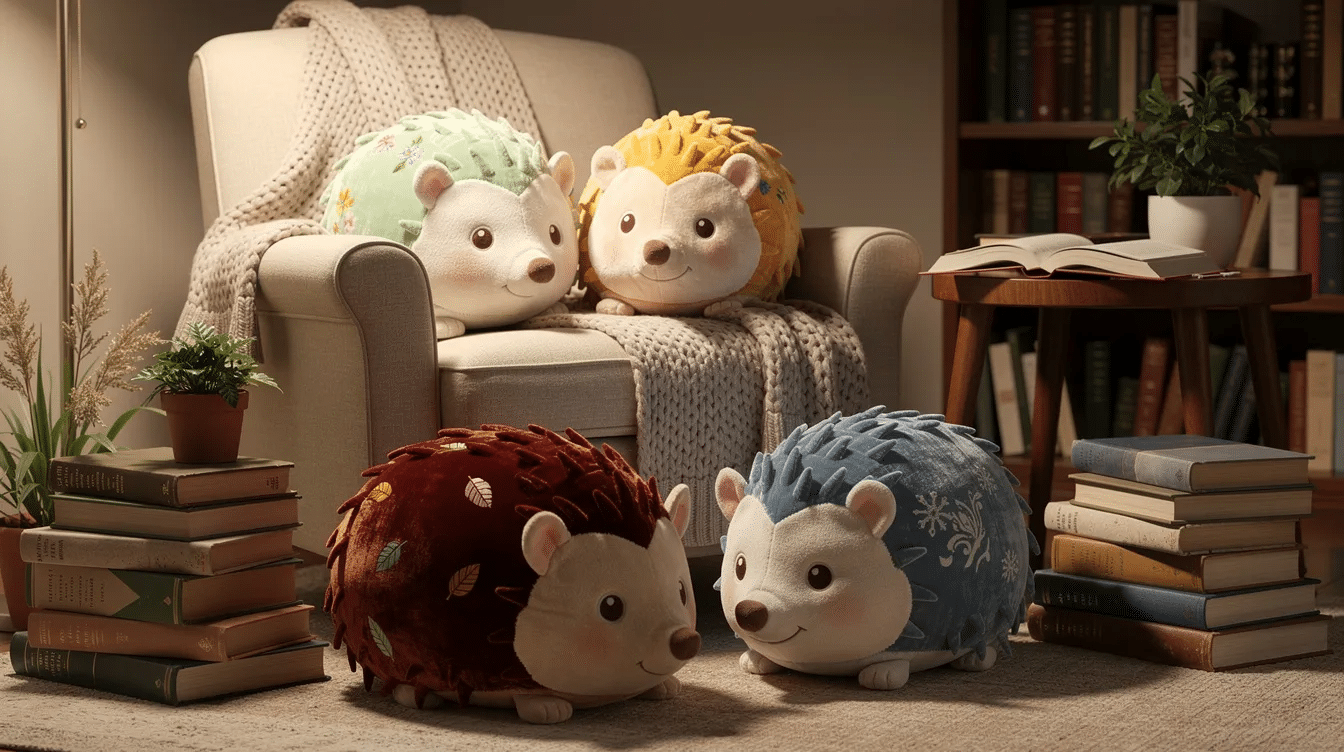 c490163b-ccb5-431b-98a9-add7dadc3ec8 The image features four adorable hedgehog pillows in different seasonal colors, arranged in a cozy reading nook surrounded by books. This inviting space is perfect for curling up with a good read, showcasing the cute fabric patterns and details of each pillow.