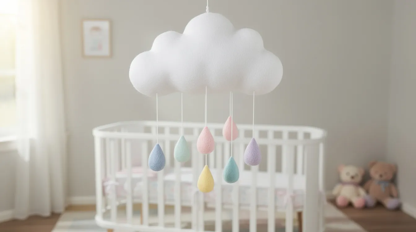 The image depicts a beautifully crafted cloud mobile featuring a fluffy white cloud and pastel-colored raindrops, all suspended on strings above a baby crib in a bright nursery room. This charming decoration, made from air dry clay, adds a whimsical touch to the space, creating a serene atmosphere for the baby.