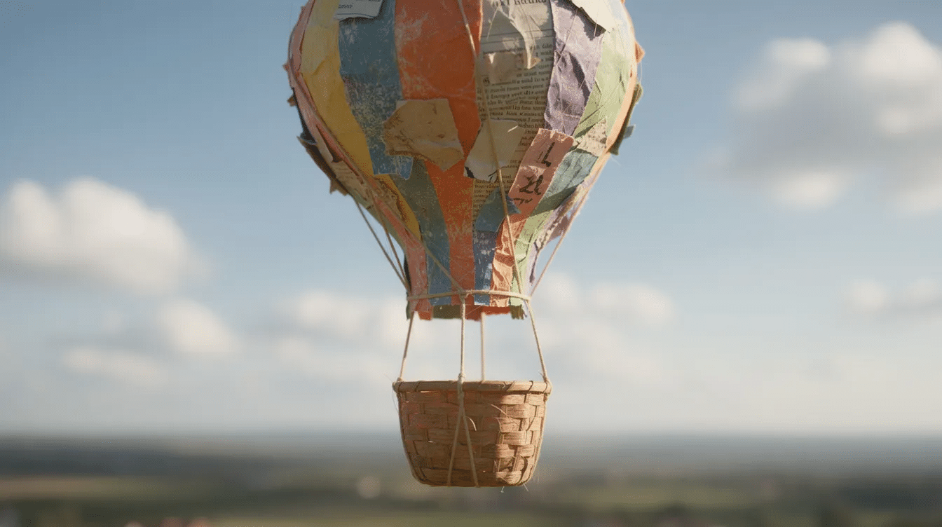 c51f5fcf-537c-4245-847a-2795a6b0ce3f The image depicts a colorful paper mâché hot air balloon, crafted from layers of newspaper and decorated with vibrant acrylic and poster paint. It features a small opening at the bottom for hanging, and is designed as a fun project for kids to create and display in a boys' room.