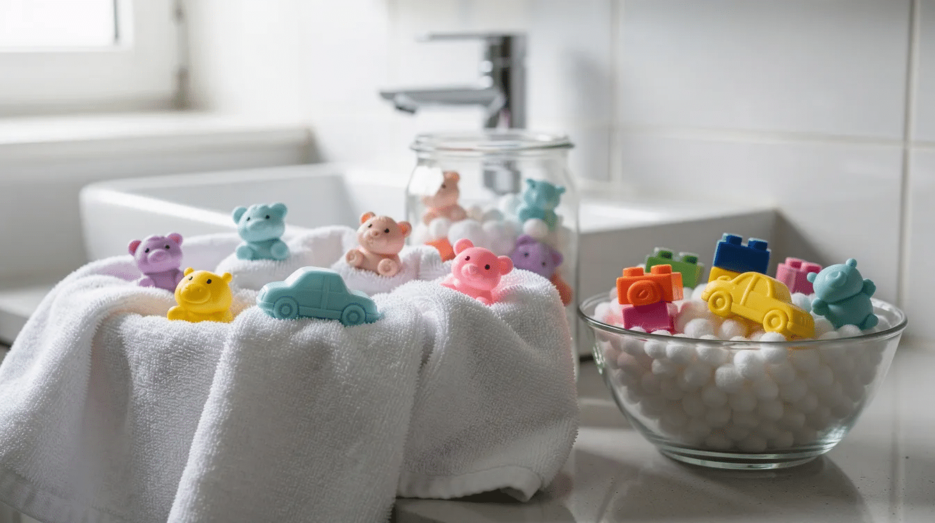 c5bd11ef-01de-4391-bda4-fd37309b526e The image features a collection of colorful hidden toy soaps, designed for bath time fun, where kids can discover small toys like fish and dinosaurs inside. These handmade soaps, infused with natural organics and delightful scents like lavender and cedarwood, make washing hands or taking baths an exciting experience for children.