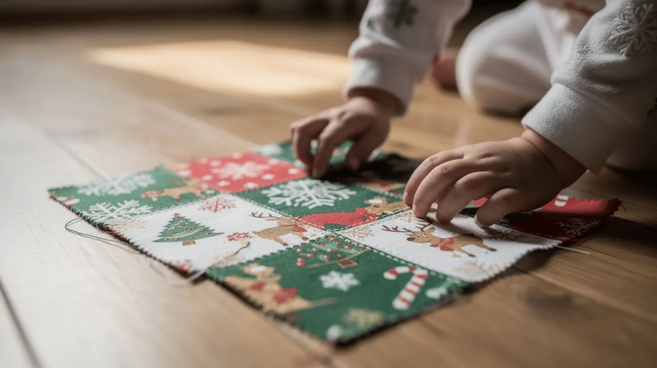c63deb32-dedf-495f-af74-8004d64b3a4b A small child's hands are carefully arranging vibrant Christmas fabric squares in a grid pattern on a wooden floor, showcasing the playful spirit of creating patchwork Christmas pillows for the holiday season. The colorful prints and textures hint at a cozy project that will soon become a cherished pillow cover or gift.
