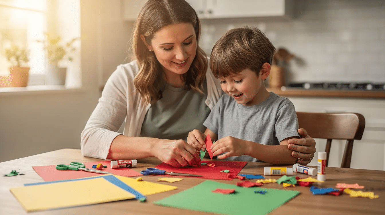 c7683da9-ac0c-4d75-bb01-b7d597a943ee A child and parent are seated at a kitchen table, joyfully crafting a colorful paper train using construction paper, scissors, and glue sticks. They are surrounded by small pieces of paper, with the child practicing fine motor skills as they cut and fold to create train cars and wheels.