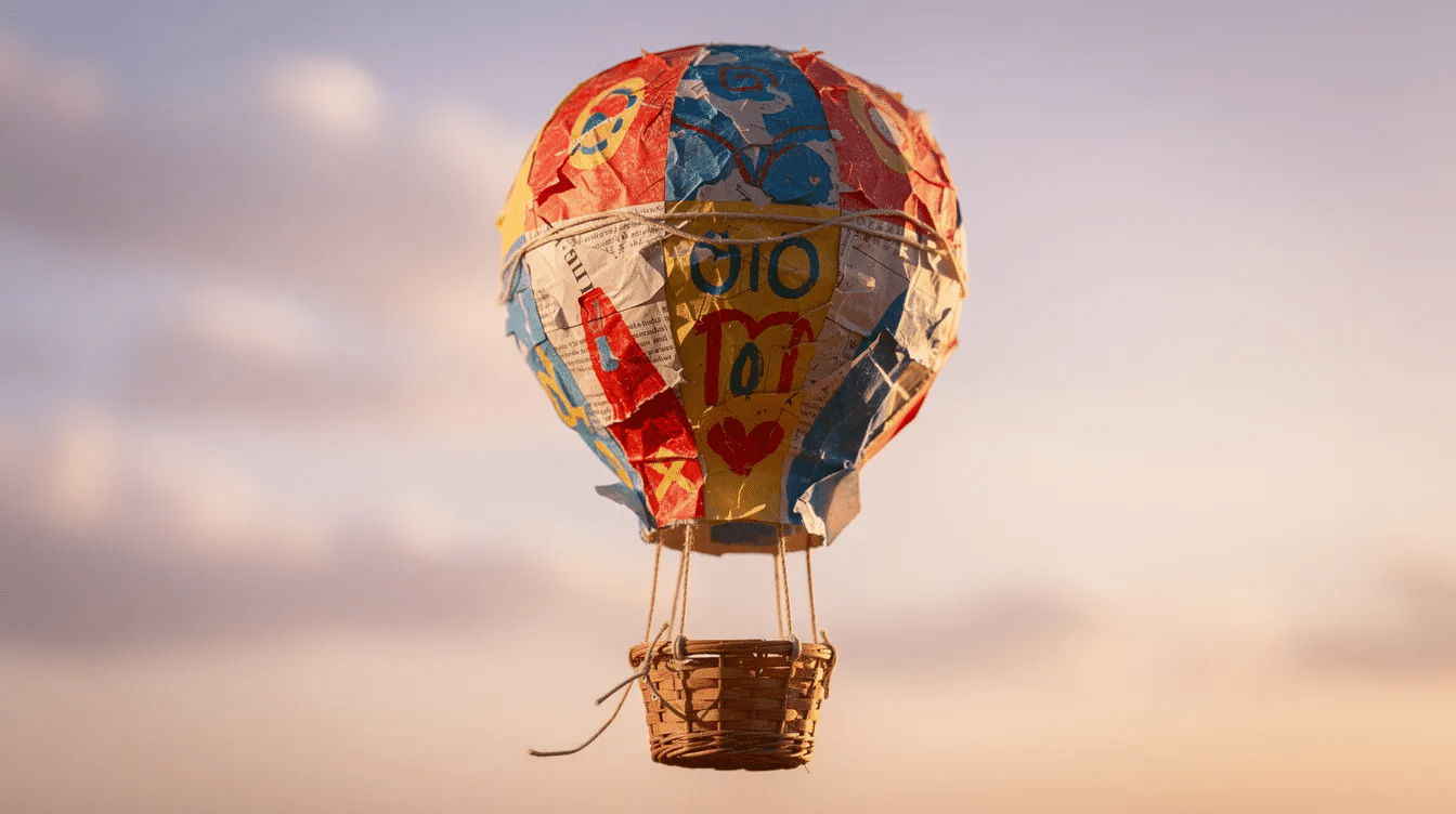 c7d0fd17-8daf-41df-8eba-2e84e4510585 The image depicts a colorful paper mâché hot air balloon, crafted from layers of newspaper and decorated with vibrant acrylic and poster paint. It features a small opening at the bottom for hanging, and is designed as a fun project for kids to create and display in a boys' room.