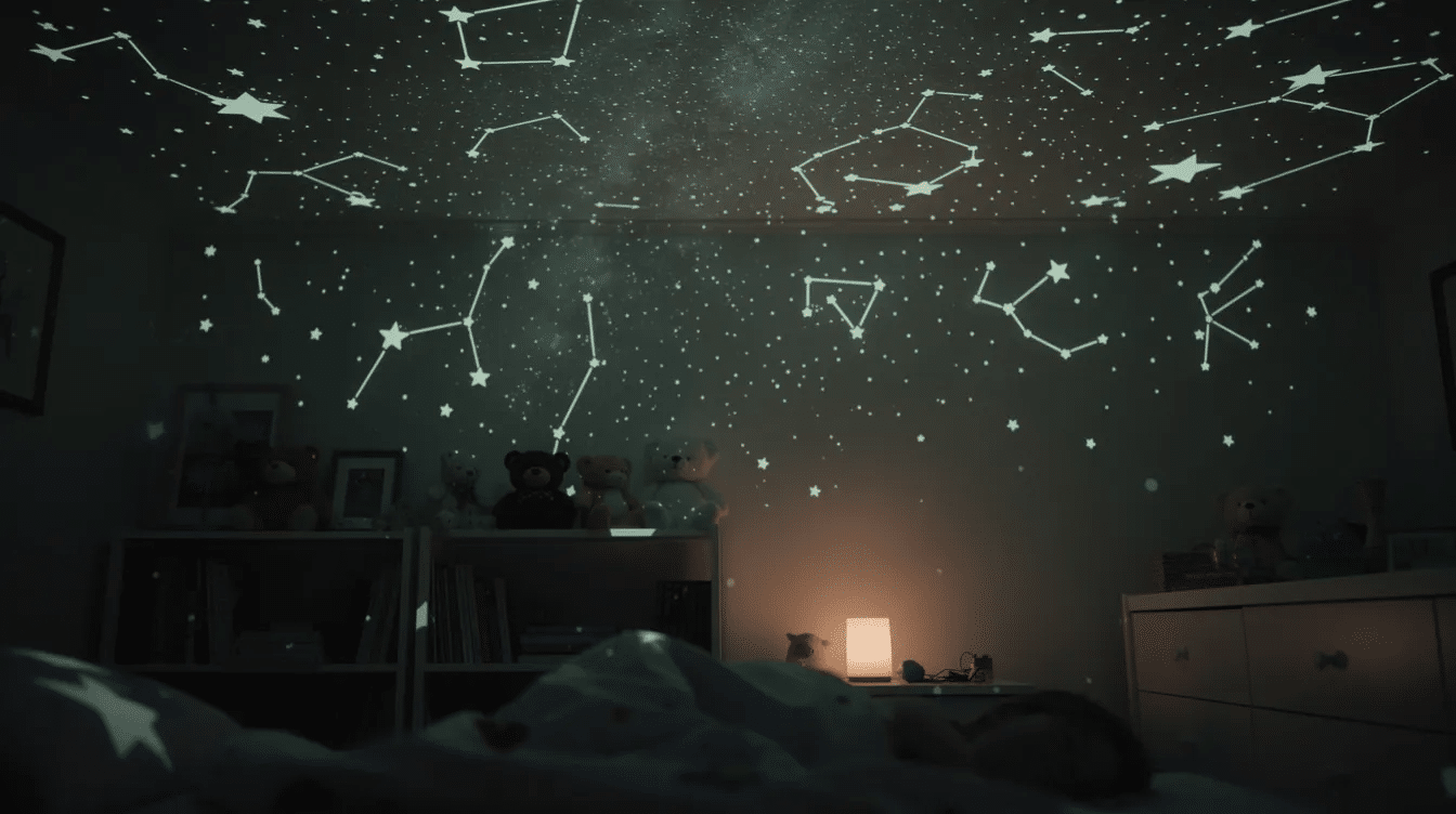 c9cf53e7-b941-421b-a721-6fdaea36b9fe The image depicts a darkened child's bedroom ceiling illuminated by glow-in-the-dark star stickers, creatively arranged to form various constellations, including the Big Dipper and Orion. This enchanting night sky scene invites kids to explore the universe and sparks their imagination with the beauty of outer space.