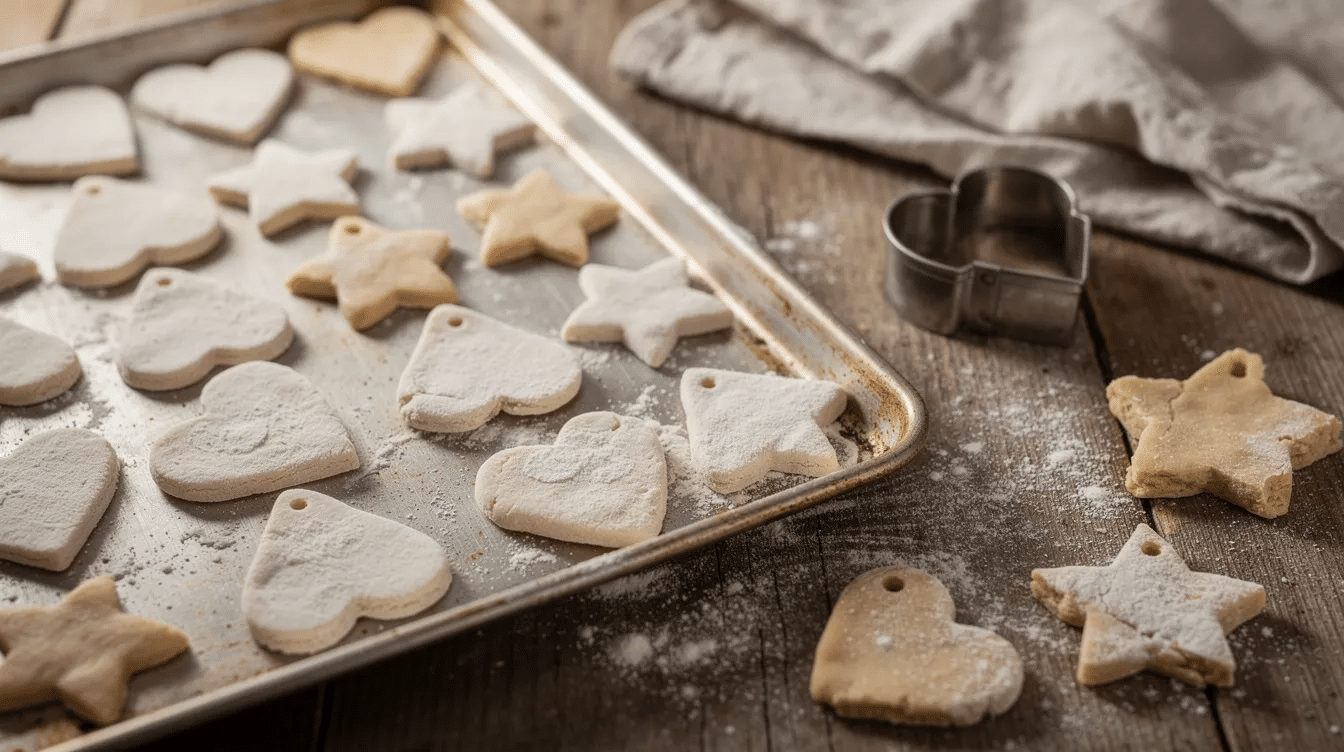 ca825576-9080-416f-9bdb-9d27d9d9182e Heart and star-shaped salt dough ornaments are cooling on a baking tray, accompanied by colorful cookie cutters, perfect for DIY Christmas crafts. This fun activity is ideal for kids and families during the holiday season, allowing them to create their own unique Christmas ornaments.