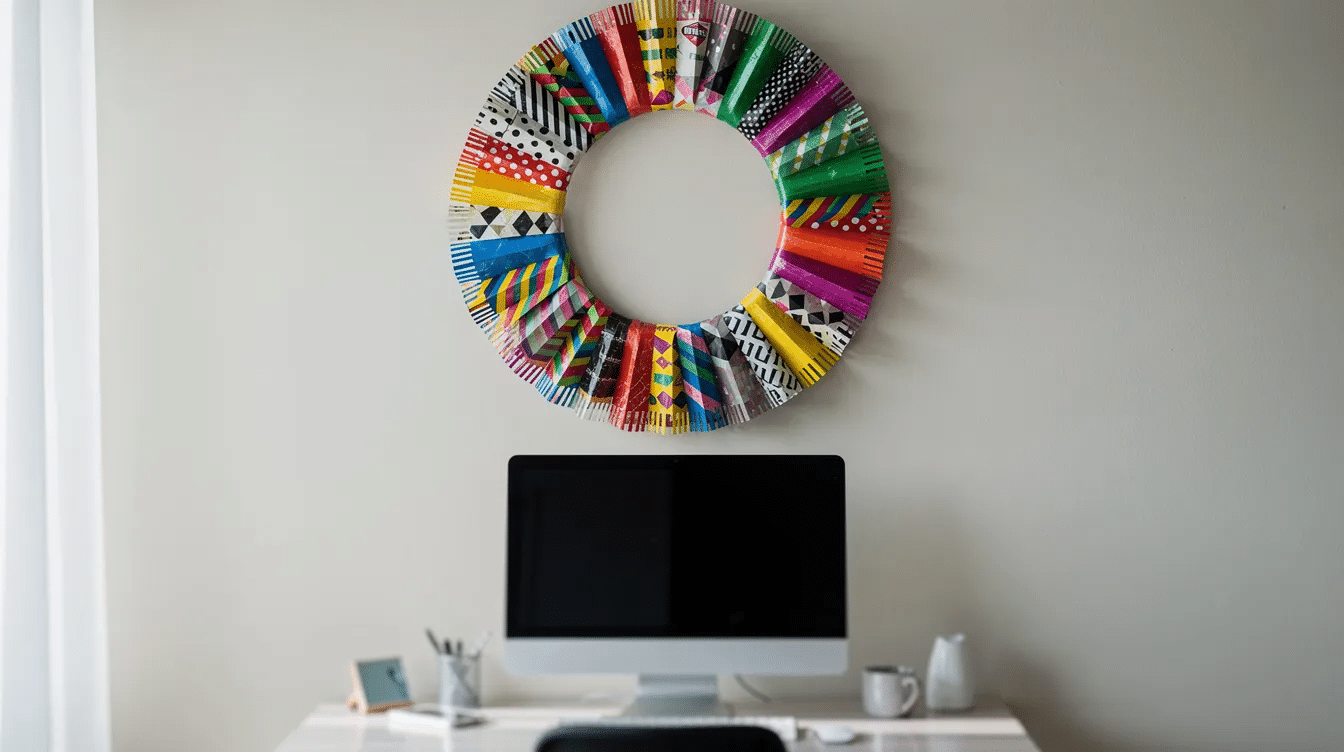 cb705fe9-2252-436c-ad67-f5a23b5318ce The image features an unconventional DIY pleated wreath made from long strips of colorful Duck Tape, arranged in soft accordion pleats around a foam wreath form. The layers of pleats create a modern, textured appearance, making it a stylish decoration for a mantel or a computer desk.