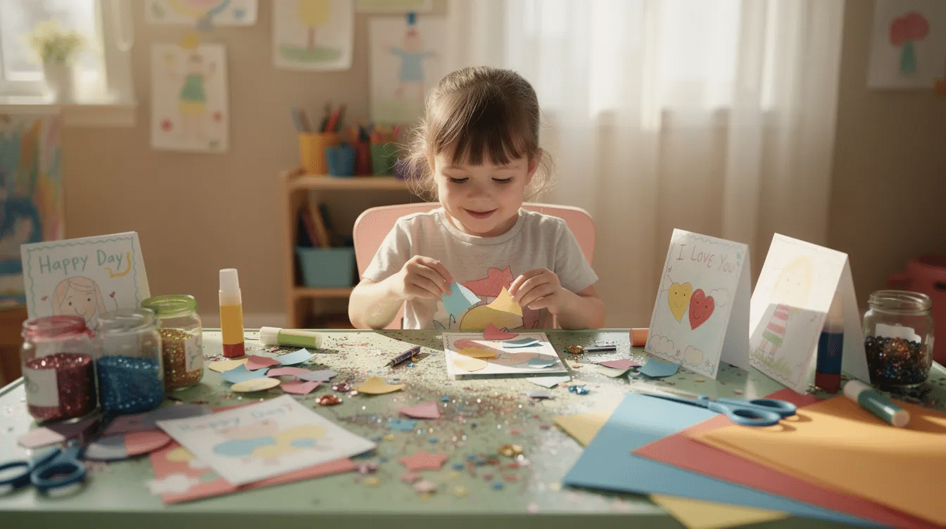 cba5cabb-1a5b-4c30-95a3-339e61965c08 A young child is seated at a vibrant craft table, surrounded by jars of glitter and various supplies for making greeting cards. Handmade cards, including glitter thank you cards, are spread out as the child engages in a creative project.
