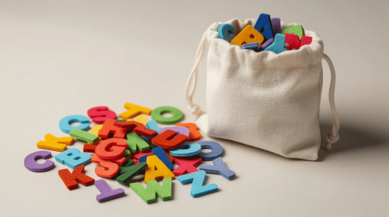 cc2fb320-3bb9-432c-ae4d-79f672d887fe The image features a colorful collection of felt scrap alphabet letters arranged alongside a white drawstring bag, which is perfect for organizing and storing the letters. This fun learning toy encourages creativity by allowing users to combine letters and create words, making it an excellent choice for everyday use, school activities, or corporate events.