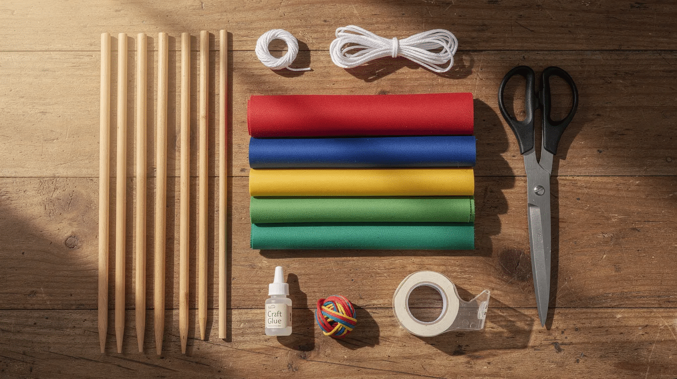 cce4c1a3-d03c-4ea1-9df4-a5c35bb734b7 A flat-lay photograph showcases an array of kite-making supplies on a wooden table, including wooden dowels, colorful fabric such as ripstop nylon, scissors, kite string, glue, and tape. The neatly arranged materials hint at a DIY project to create custom kites, perfect for flying in the wind and enjoying a fun outdoor activity.
