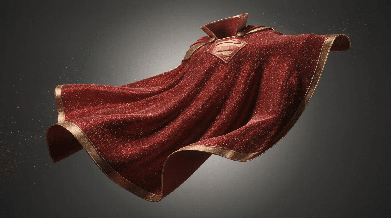 cd341f7f-827d-47e6-bf0b-3c120ab2a3e8 A cute sparkly superhero cape designed for little ones, featuring a shimmering finish that inspires imagination and play. It is perfect for kids to wear while pretending to fly, adding a fun touch to their dress-up adventures.