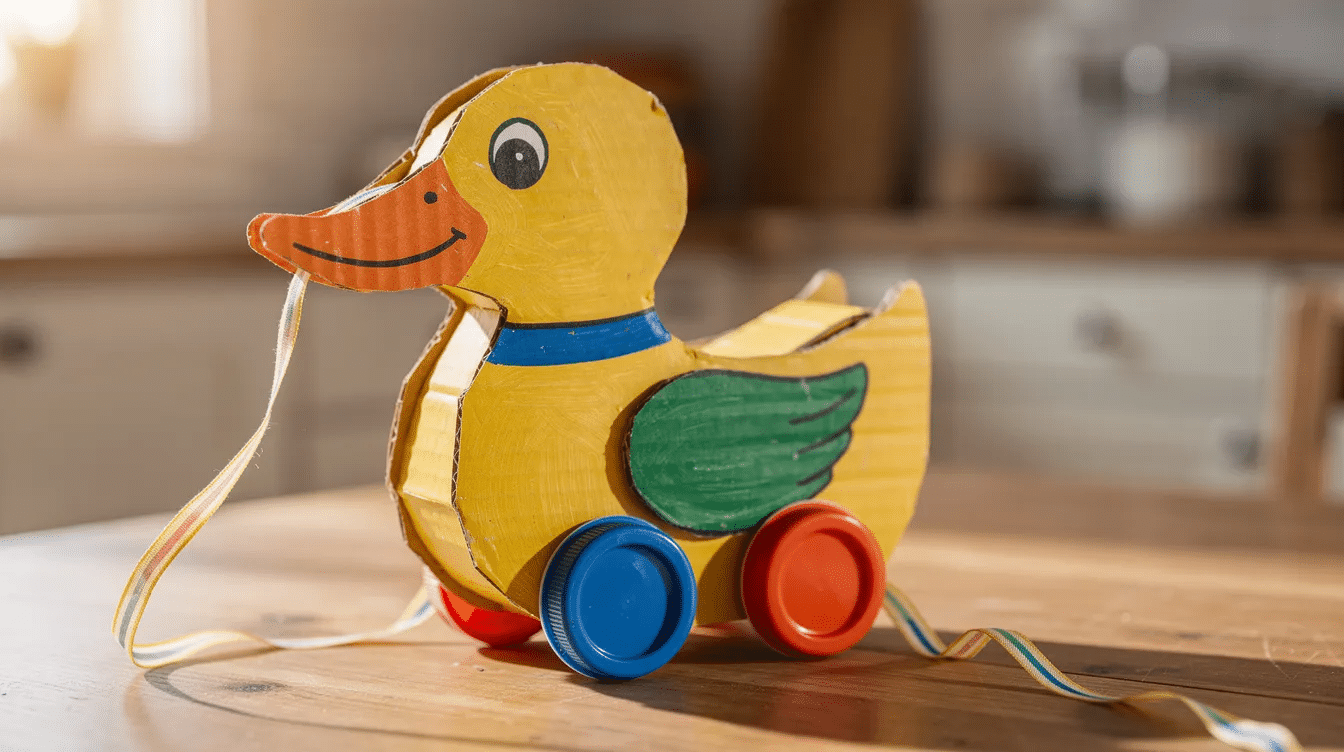 ce5bbac4-dc16-4985-80db-5f29929a1a44 A colorful cardboard pull along duck toy sits on a kitchen table, featuring bottle-lid wheels and a ribbon pull string for toddlers to easily maneuver. This cute craft encourages gross motor skills as it rolls freely across the surface.