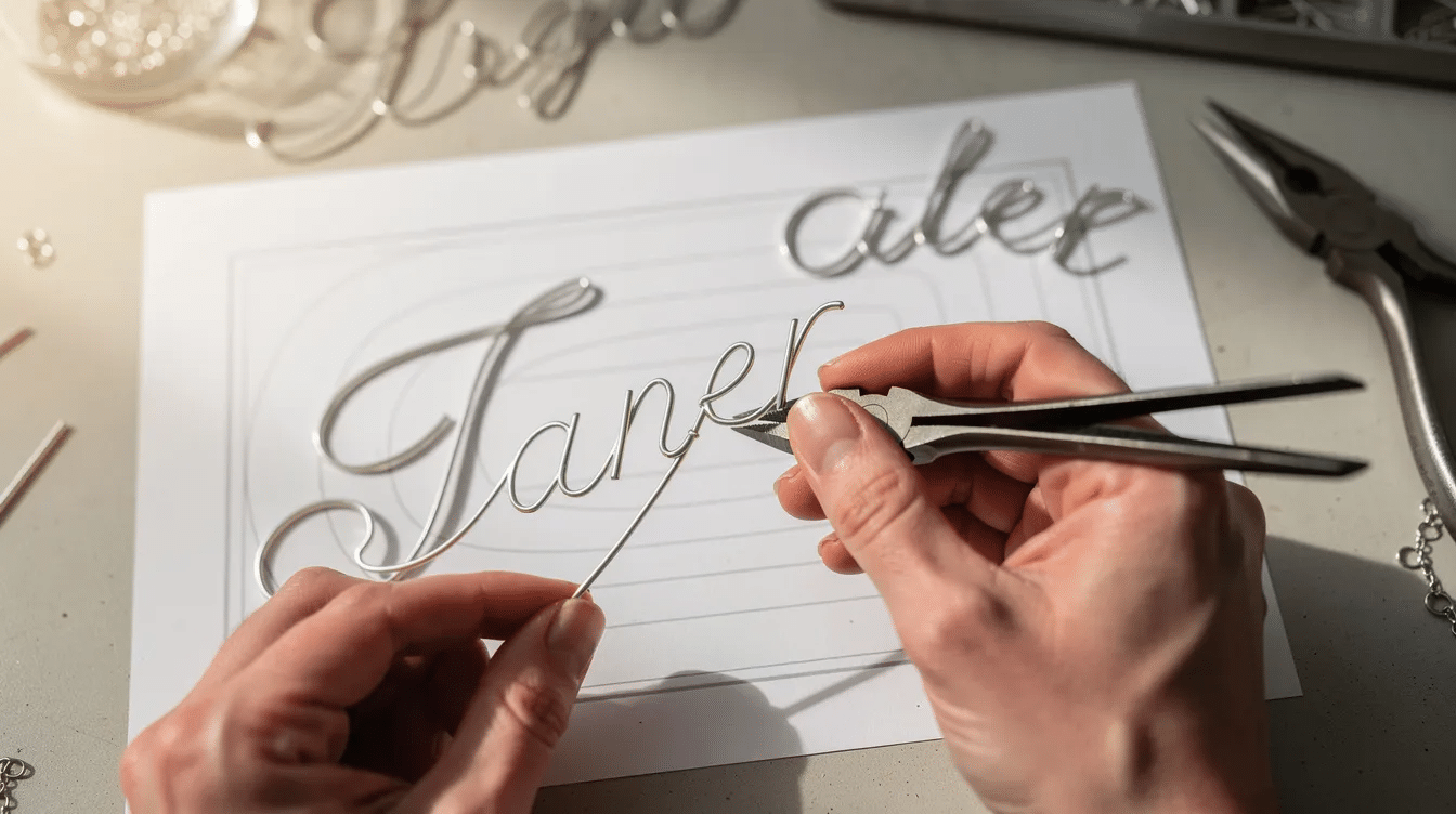ceb9b9b5-c2b7-46d7-ba0e-886e7e835be3 The image shows adult hands skillfully using round-nose pliers to bend silver wire into elegant cursive letters, following a paper template for a little DIY project. This creative endeavor highlights the art of making wire signs, perfect for displaying personalized words or names.