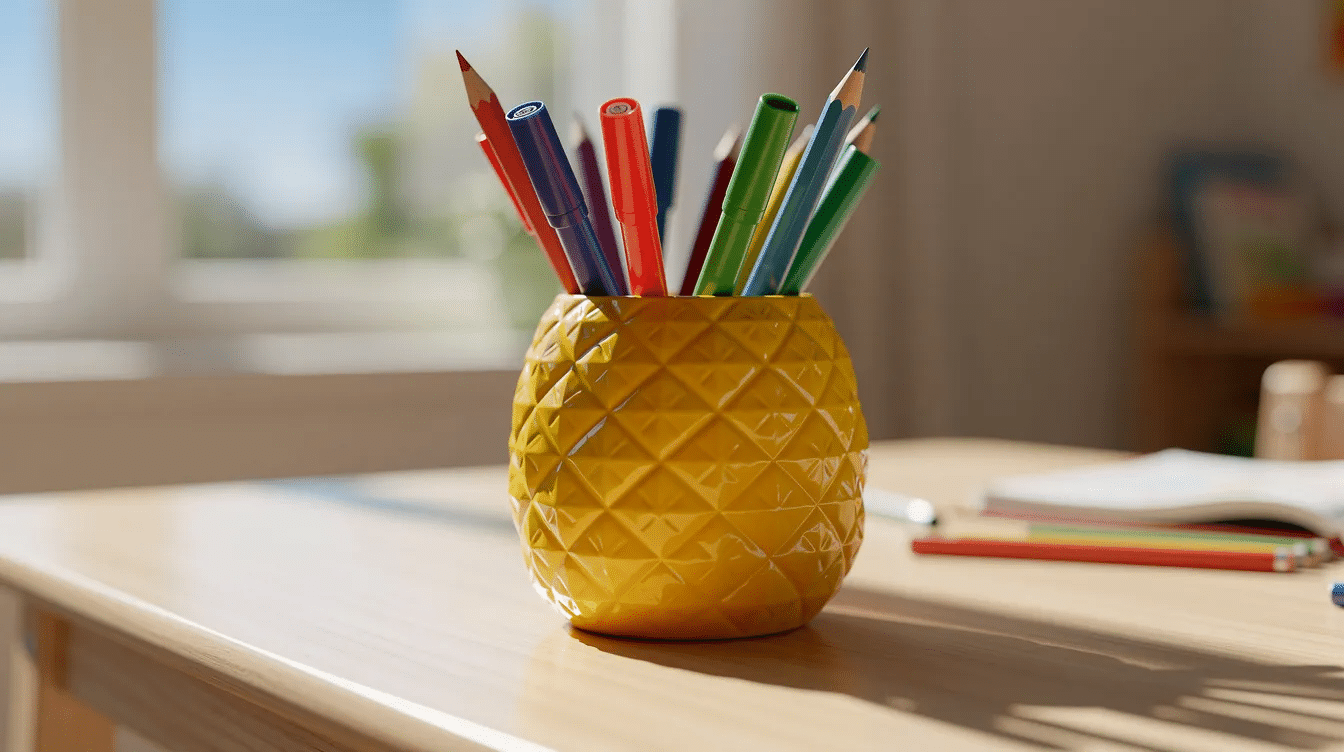 d00ef680-8931-4fe9-91e2-e5d759d71d15 A bright yellow pineapple-shaped pen pot filled with colorful markers and pencils sits on a child's wooden desk, with a sunny window illuminating the cheerful scene in the background. This fun and playful design adds a touch of creativity to the classroom, making it an ideal tool for kids to express their artistic side.