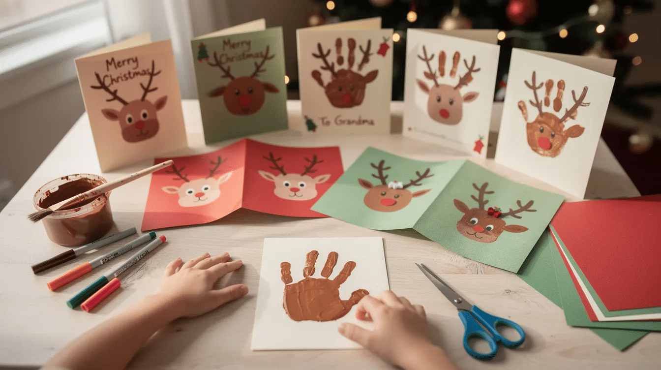d025330f-c308-4a5b-ae80-77f47a128f36 The image shows a collection of handmade Christmas cards featuring handprint reindeer designs, created by kids using brown paint on construction paper. These charming cards, perfect for the holiday season, serve as personalized gifts for friends and family, showcasing creativity and the joy of easy Christmas crafts.
