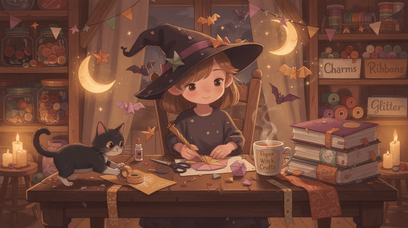 d0c8e30c-0798-4a14-8edd-aa80db9322d2 The image features a collection of adorable paper witch crafts, including witches' hats and paper bats, perfect for Halloween decorations. These easy paper Halloween crafts are designed for kids and are a great activity to inspire creativity during the spooky season.