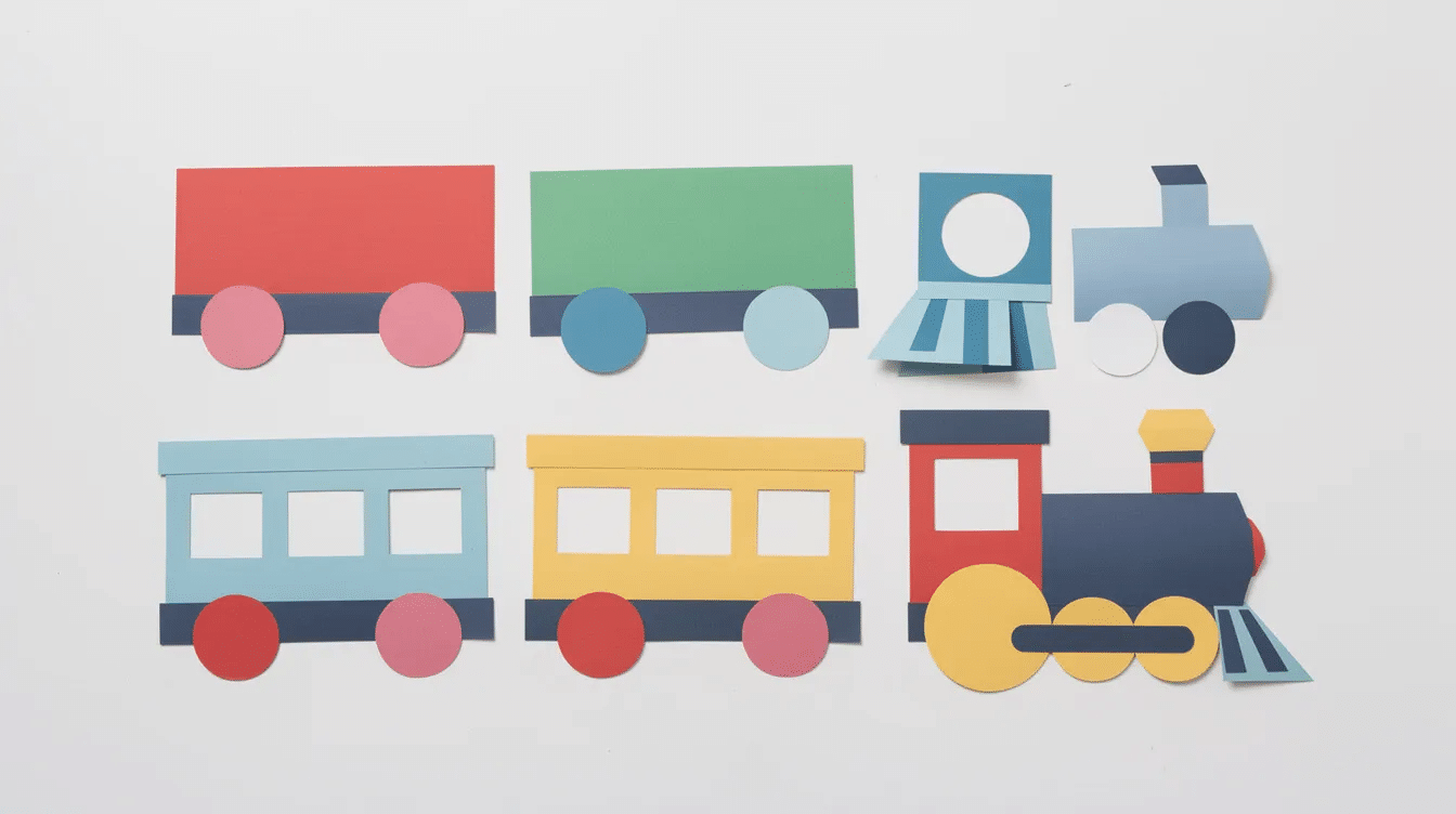 d16b0962-8cf6-4f45-a1f5-749315f2f5e6 The image features a flat layout of paper train template pieces on a white table, including various shapes such as rectangles, circles, and a chimney, designed for kids to create their own paper train. These colorful pieces can be easily cut, folded, and glued together, making for a fun crafting activity that helps develop fine motor skills.