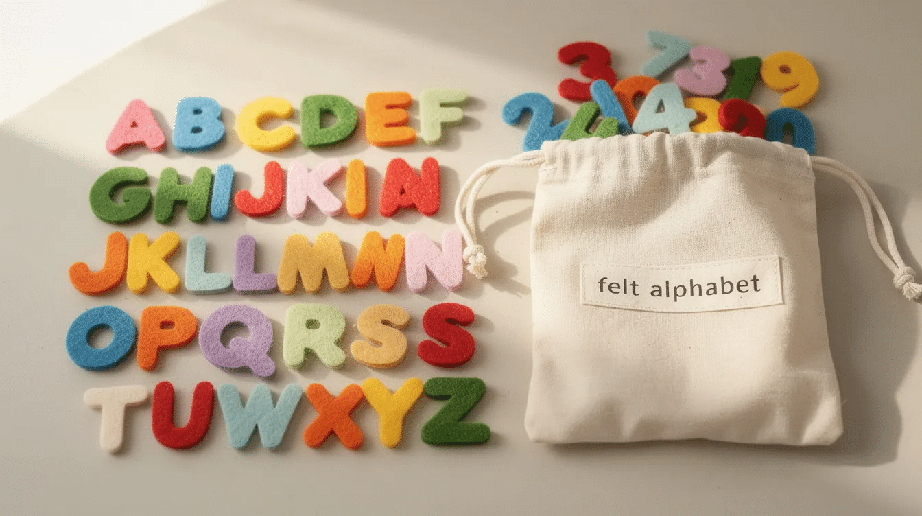 d2c85e3b-00be-4d63-905c-242053d0421b The image features a colorful collection of felt scrap alphabet letters arranged alongside a white drawstring bag, which is perfect for organizing and storing the letters. This fun learning toy encourages creativity by allowing users to combine letters and create words, making it an excellent choice for everyday use, school activities, or corporate events.