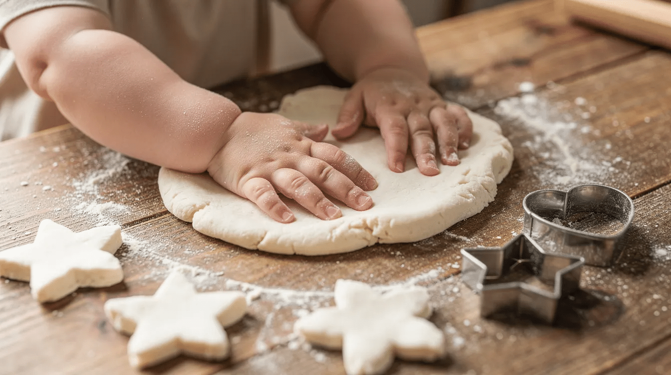 d35bc222-45a1-4e83-a51e-141f62d7ac03 A small child's hands are pressing into soft salt dough on a floured wooden surface, surrounded by colorful cookie cutters, perfect for creating holiday crafts and DIY gifts during the festive season. The scene captures the joy of crafting together as a family, making keepsakes for Christmas ornaments or decorations.