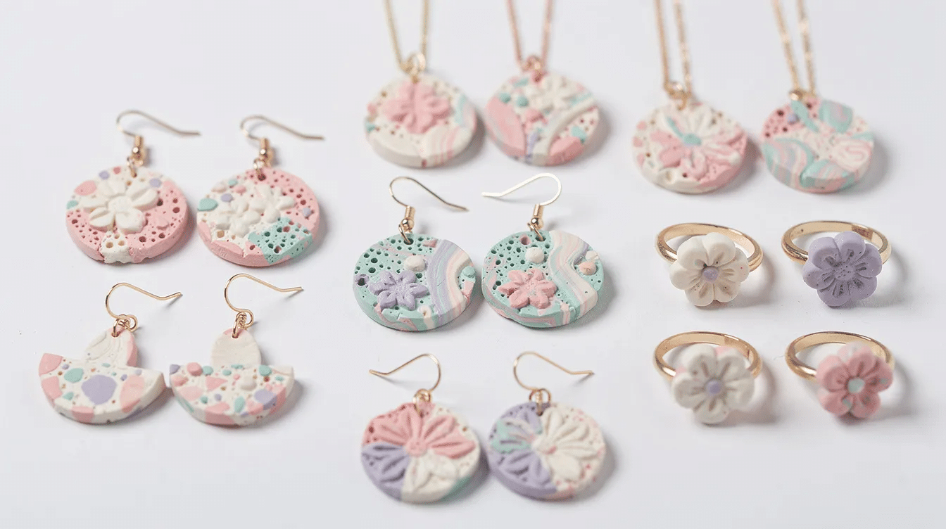 d43c1f36-c590-4646-b250-ae1a3c9d72c4 The image showcases a vibrant assortment of polymer clay jewelry, including a pair of colorful earrings and a matching necklace, all featuring unique shapes and textures. The finished pieces display a blend of pink and gray hues, highlighting the fun and creative possibilities of DIY clay earrings.