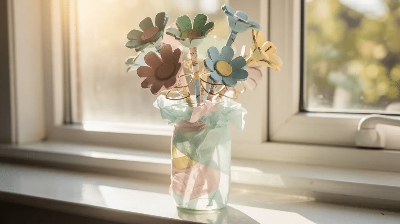 d497e96c-cff4-41a3-8948-2d185fc154b1 The image features a colorful recycled spring bouquet made from pastel egg carton flowers, arranged in a glass bottle covered with tissue paper. This cheerful display sits on a bright windowsill, illuminated by warm sunlight, creating a vibrant atmosphere perfect for spring.