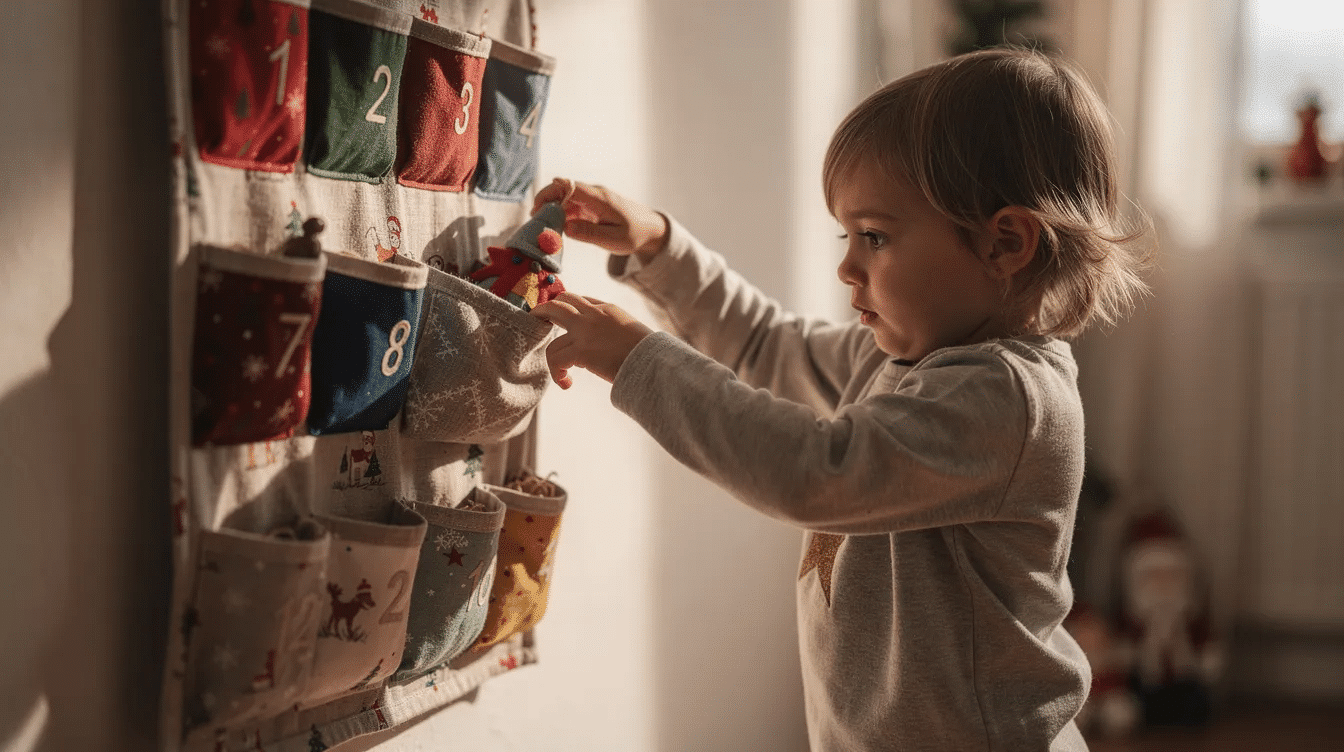 d4c869da-1cb3-4b86-ac04-dc256622c4f9 A young child is joyfully pulling a small felt ornament from a fabric advent calendar pocket that is hanging on the wall, embracing the excitement of the holiday season. This festive scene captures the essence of Christmas traditions as the child engages in a cherished activity leading up to Christmas day.