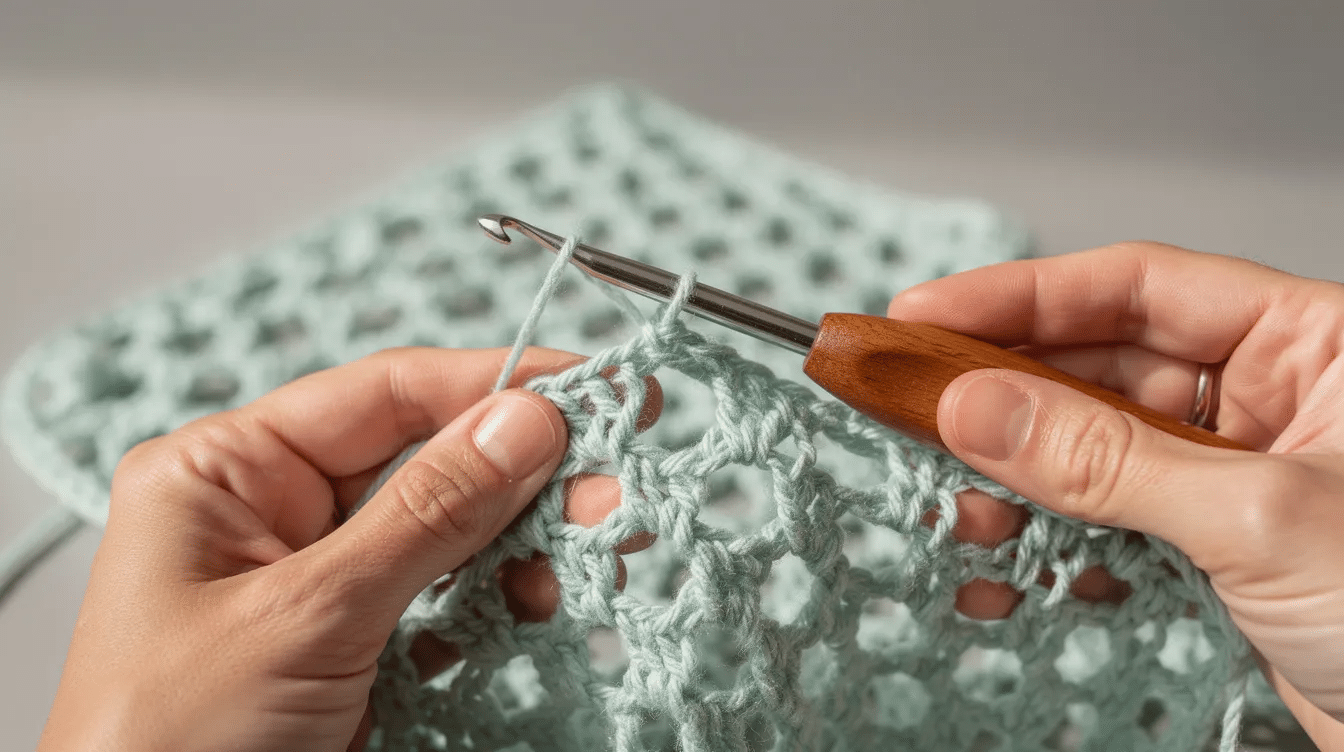 d57c63c7-8382-4360-85ec-86f3ac7f168e A close-up view of hands skillfully crocheting an open mesh pattern using a wooden-handled crochet hook and mint green cotton yarn, showcasing the intricate double crochet stitches that could be used to create a stylish summer tote bag or beach bag.