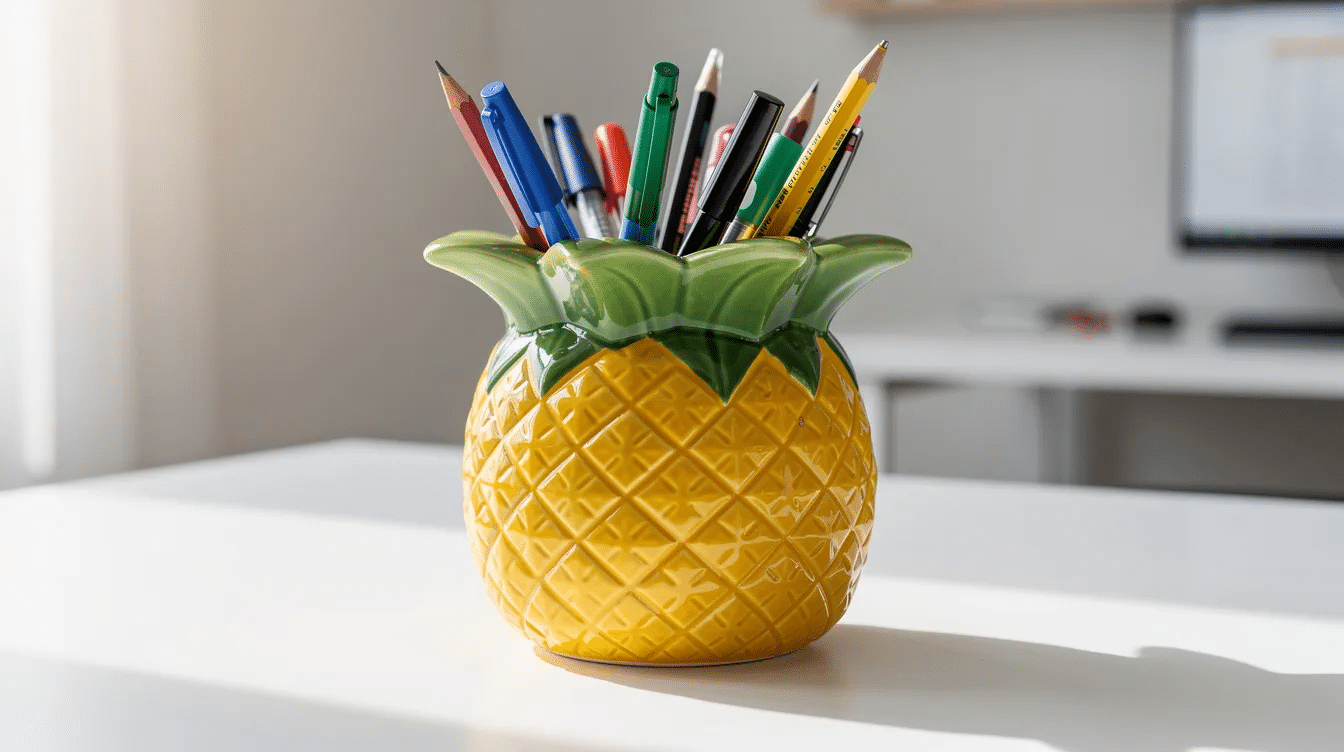 d59d08d3-9765-4a45-ad61-6c02672f3a4e The image features a vibrant yellow pineapple pen pot filled with colorful pencils, set against a playful classroom background. This fun and creative design serves as a delightful tool for kids and designers alike, encouraging collaboration and creativity in building digital products.