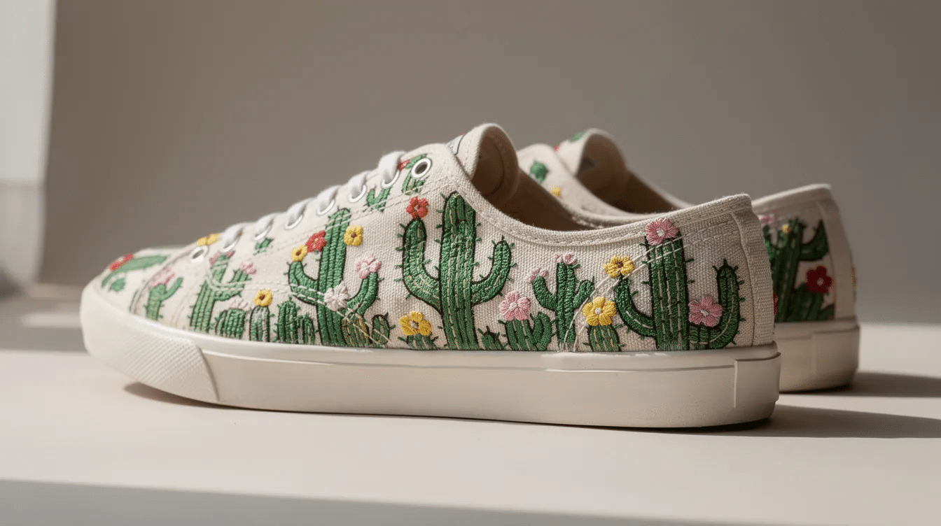 d5f5bb47-3002-4ae6-8a04-a962a5b246ac The image features a stylish pair of embroidered cactus shoes, showcasing unique designs with a blend of ivory white and brown colors. These comfortable footwear options are perfect for casual outings, complementing various outfits like jeans or skirts, and highlight quality craftsmanship and durability.