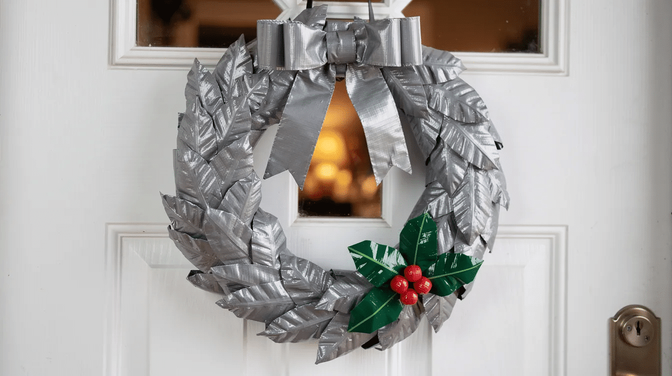 d5fdce21-2e8f-4dee-9427-1e8a26e1db14 The image features a vibrant and unconventional DIY duct tape Christmas wreath, made from a foam wreath form covered in colorful strips of duct tape arranged in a leaf shape pattern. This creative and fun holiday decoration is designed to hang on a door, showcasing layers of sticky tape that add a unique flair to seasonal decor.